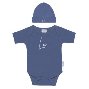 Babykleding met naam set Romper en mutsje Silk Blue